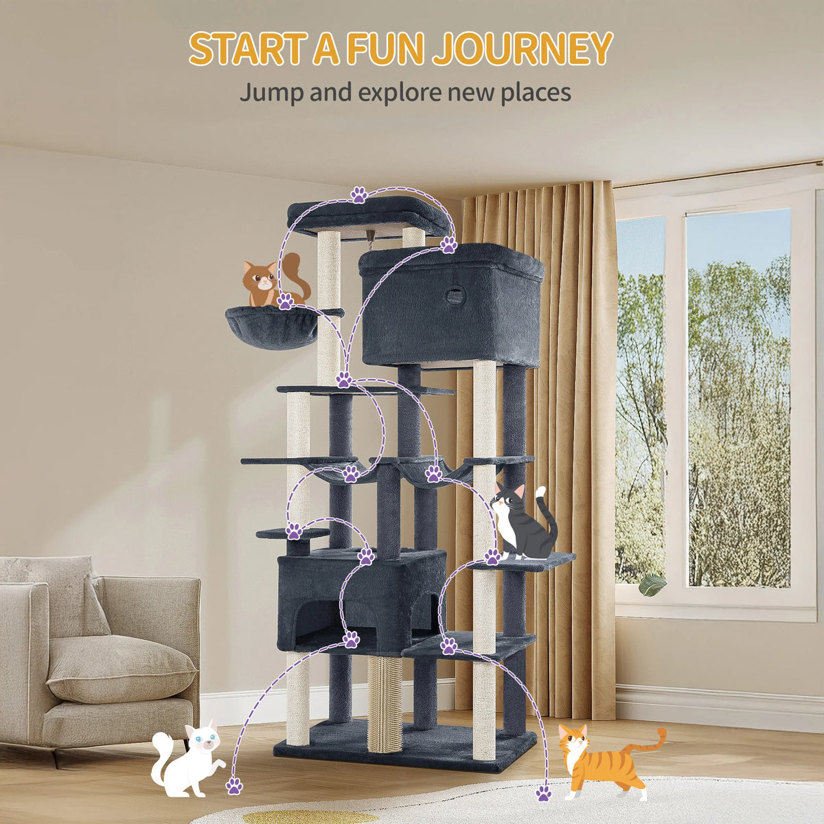 Animora™ | Arbre à Chat XXL 200 cm – 10 Griffoirs, 2 Niches, 2 Hamacs & Plateformes