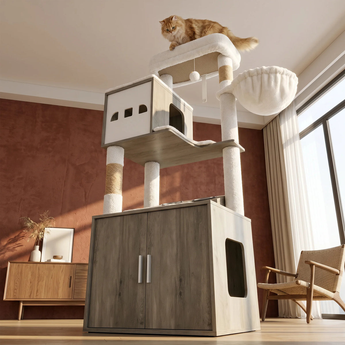 Animora™ | Arbre à Chat XXL Multifonctionnel intégrant Mobilier, Espaces de Repos et Zone d'Alimentation
