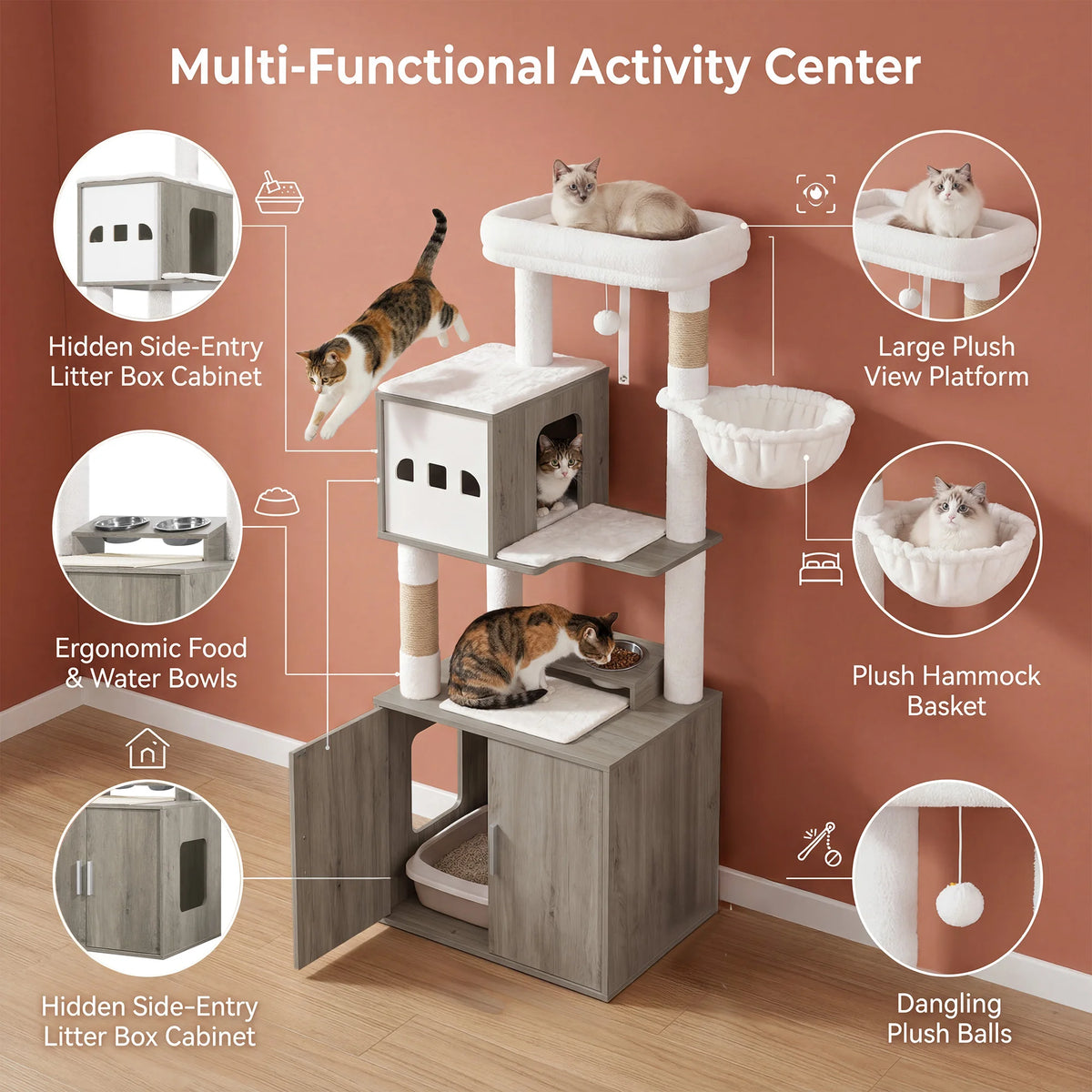 Animora™ | Arbre à Chat XXL Multifonctionnel intégrant Mobilier, Espaces de Repos et Zone d'Alimentation