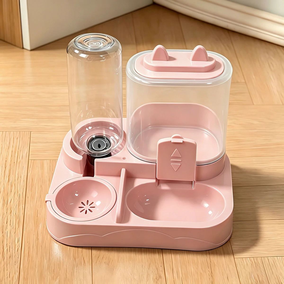 2-in-1 大型ペットフィーダー&給水器、ドライ・ウェット分離、丈夫なプラスチック製、透明、電池不要、猫犬旅行用