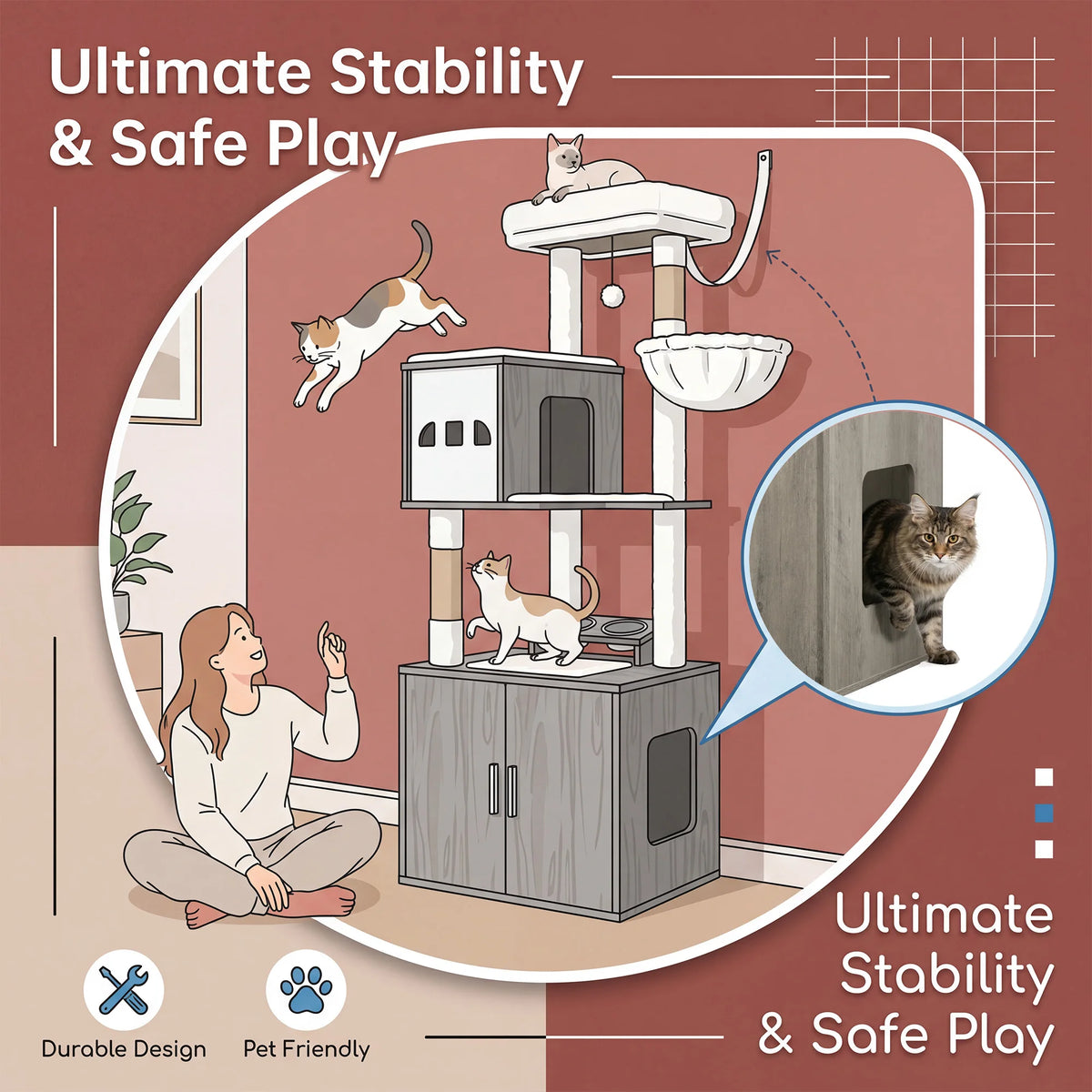 Animora™ | Arbre à Chat XXL Multifonctionnel intégrant Mobilier, Espaces de Repos et Zone d'Alimentation