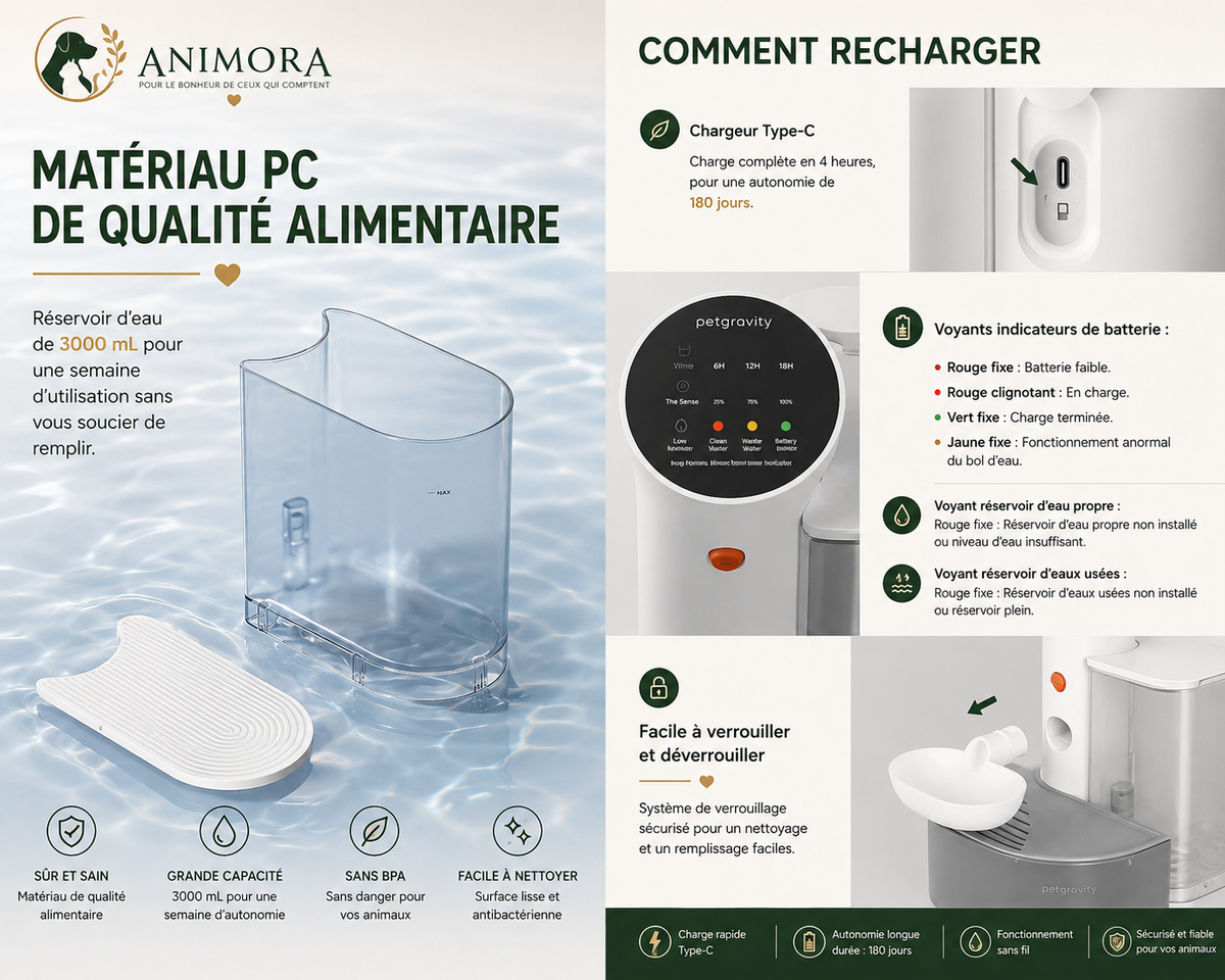 Animora™ | Fontaine à Eau Sans Fil 3 L pour Chat – Rechargeable & Séparation Eau Propre/Eau Usagée