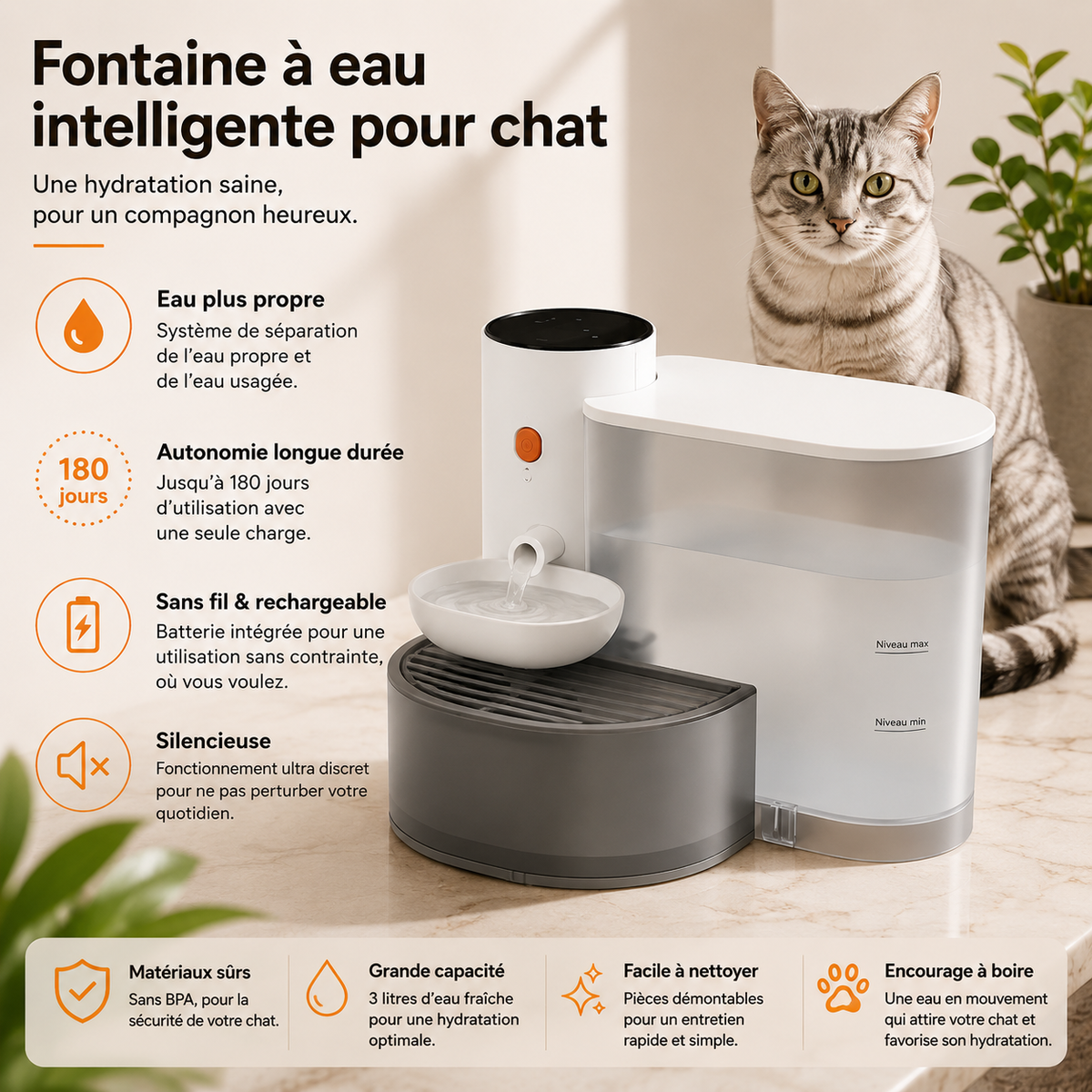 Animora™ | Fontaine à Eau Sans Fil 3 L pour Chat – Rechargeable & Séparation Eau Propre/Eau Usagée