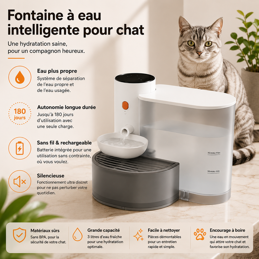 3L スマートワイヤレス猫用給水器、交換フィルター不要、清水・汚水分離、自動給水器、充電式、超長時間バッテリー駆動
