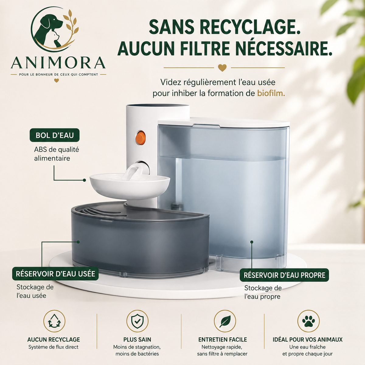 Animora™ | Fontaine à Eau Sans Fil 3 L pour Chat – Rechargeable & Séparation Eau Propre/Eau Usagée